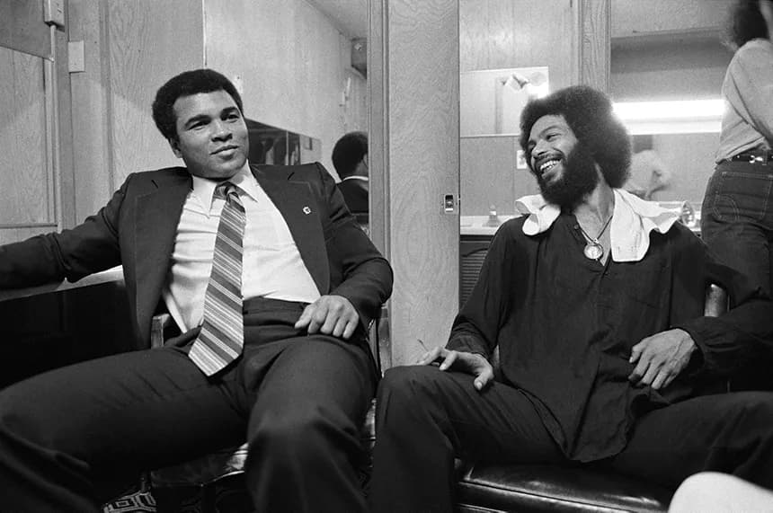 Muhammad Ali and Gil Scott-Heron backstage at The Roxy, Los Angeles, 1977. Photo by Bruce Talamon.